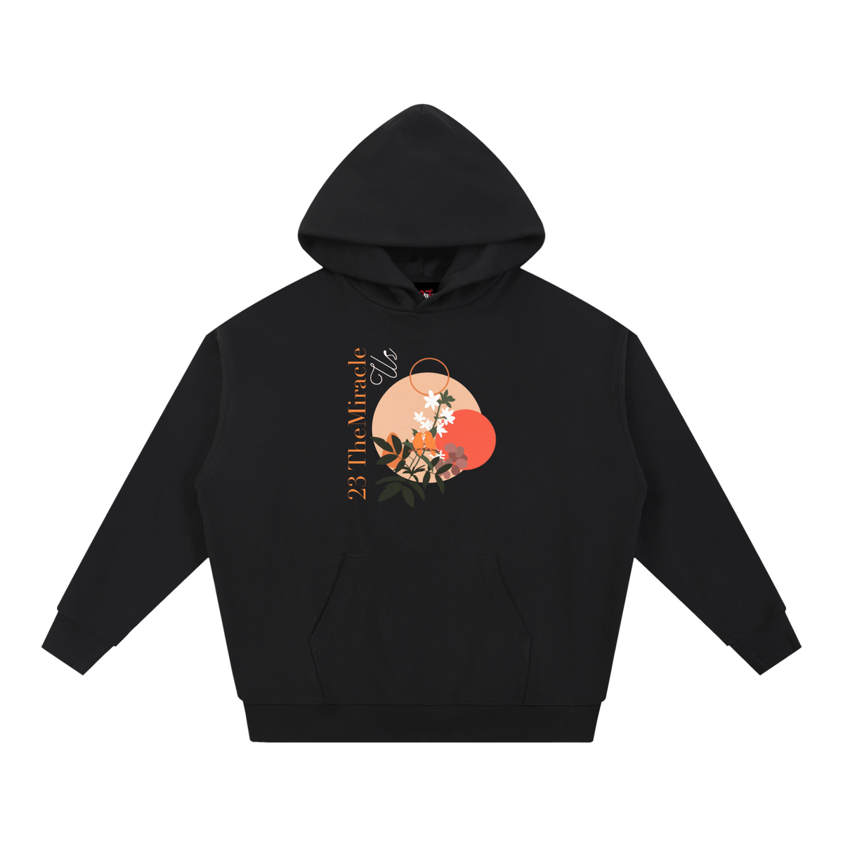 Us Botanical Hoodie in Black, oversize cotton-poly blend, front view