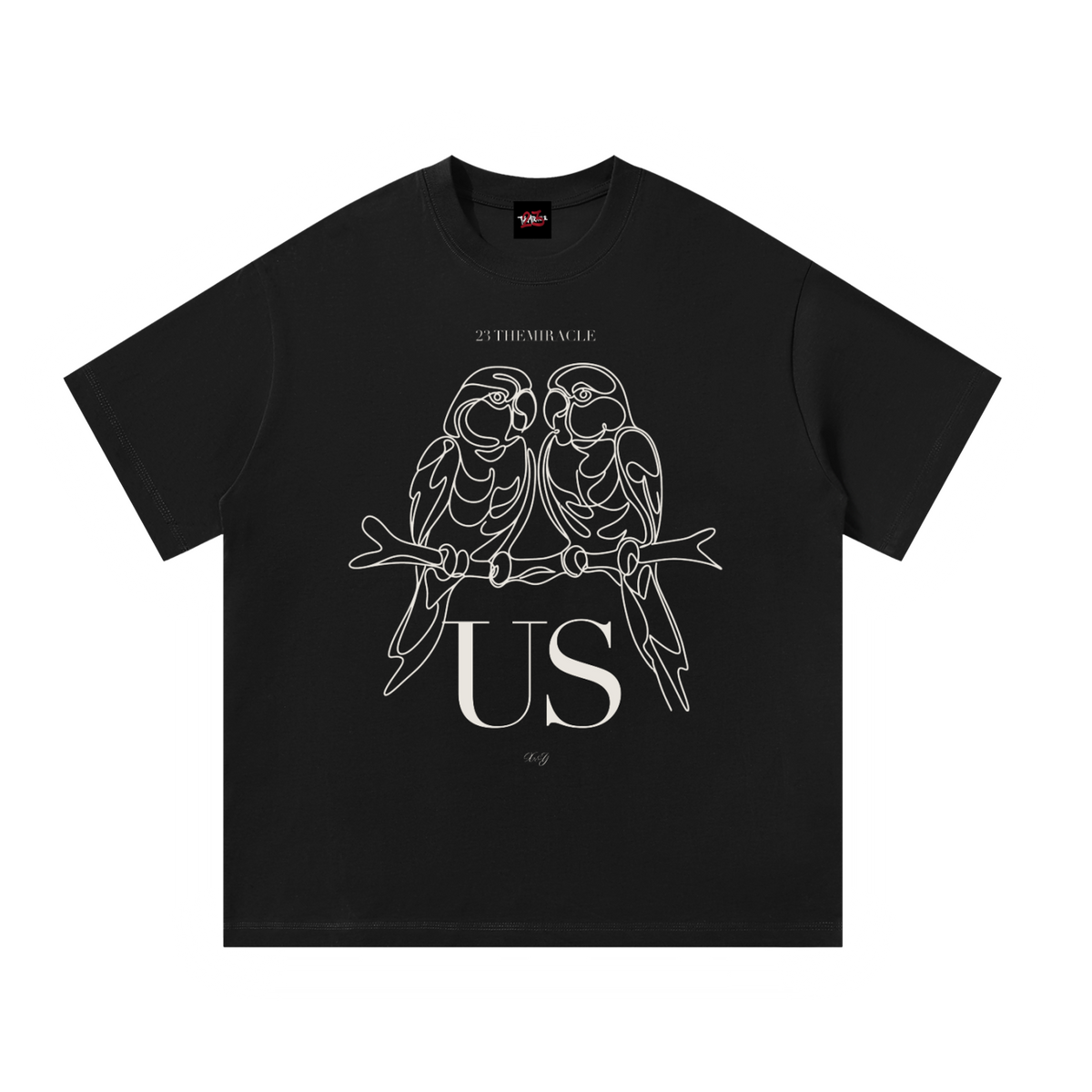 Us Lovebirds Tee in black, oversize cotton tee with hand-drawn lovebirds, front view