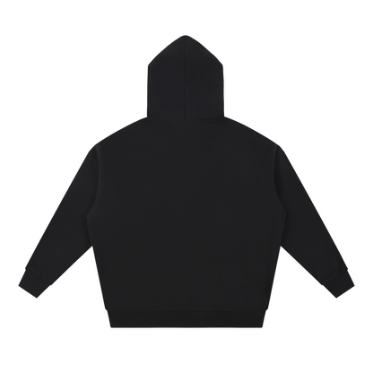 Us Botanical Hoodie in Black, oversize cotton-poly blend, back view