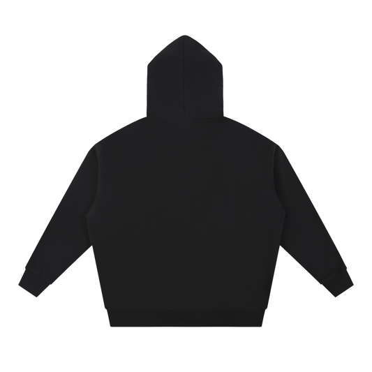 Us Botanical Hoodie in Black, oversize cotton-poly blend, back view