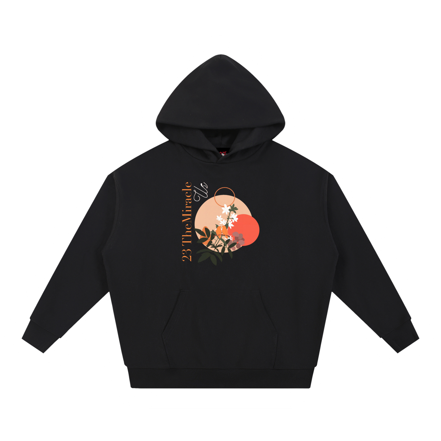 Us Botanical Hoodie in Black, oversize cotton-poly blend, front view