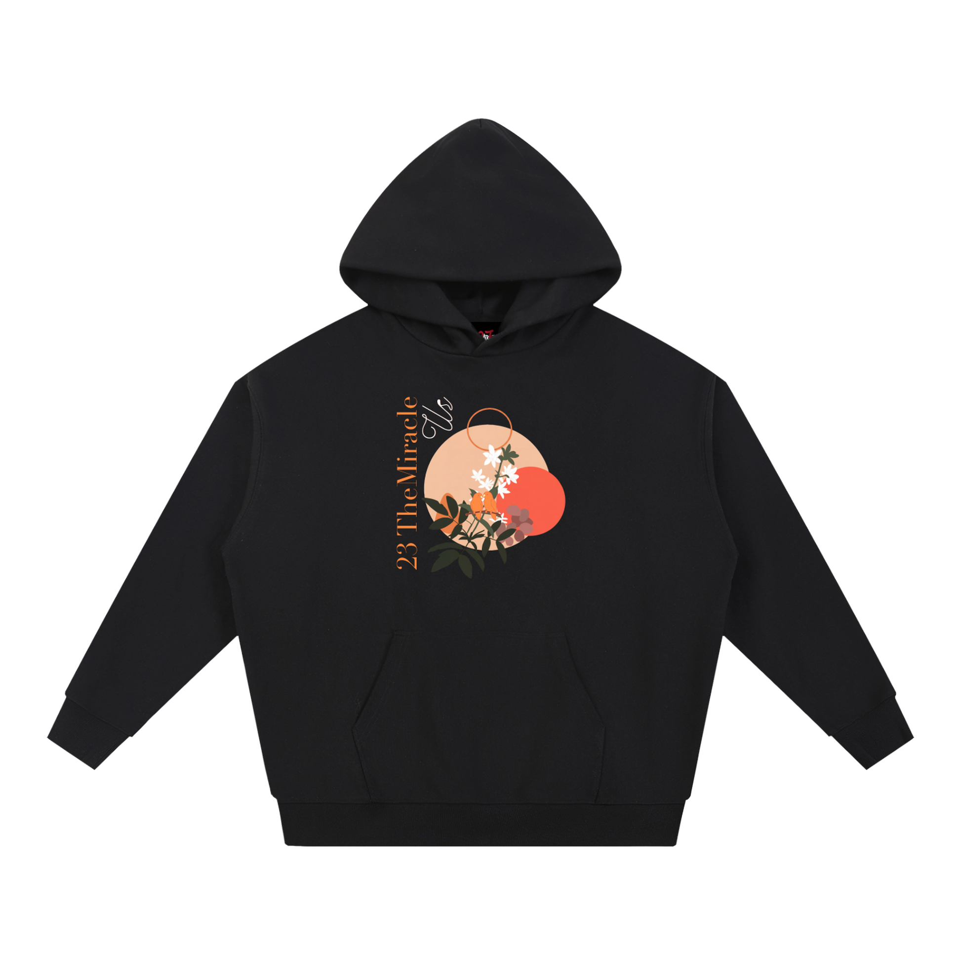 Us Botanical Hoodie in Black, oversize cotton-poly blend, front view