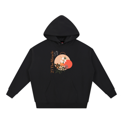 Us Botanical Hoodie in Black, oversize cotton-poly blend, front view