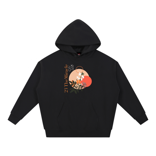 Us Botanical Hoodie in Black, oversize cotton-poly blend, front view