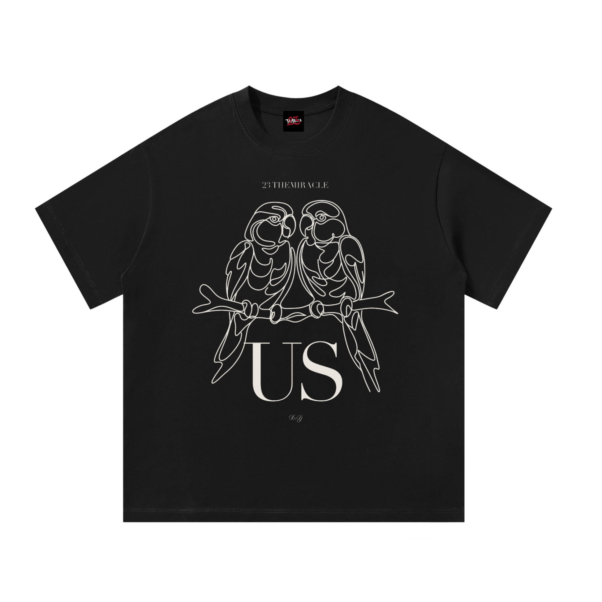 Us Lovebirds Tee in black, oversize cotton tee with hand-drawn lovebirds, front view