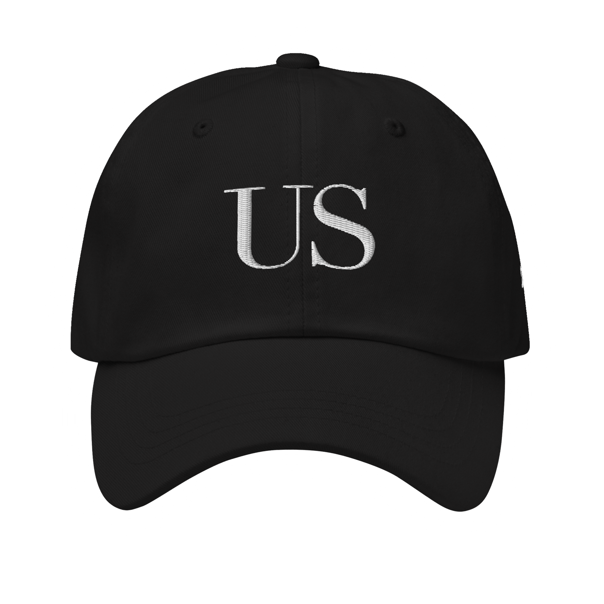 Us Serif Cap in Black, classic dad cap with embroidered Didone serif 'US' front, front view