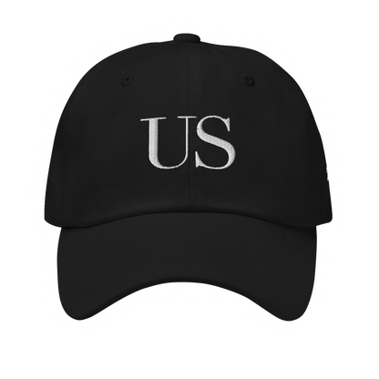 Us Serif Cap in Black, classic dad cap with embroidered Didone serif 'US' front, front view