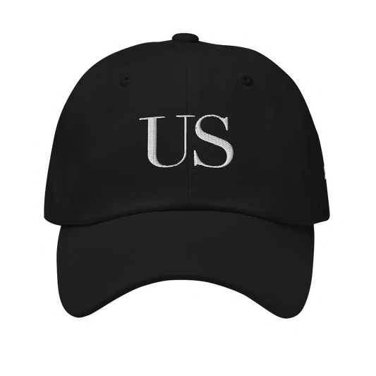 Us Serif Cap in Black, classic dad cap with embroidered Didone serif 'US' front, front view