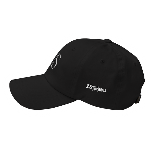 Us Serif Cap in Black, left side with '23TheMiracle' graffiti wordmark embroidery